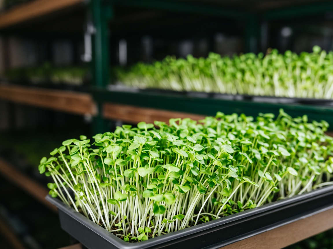 Close-up of microgreen trays on Casa Verde farm shelves